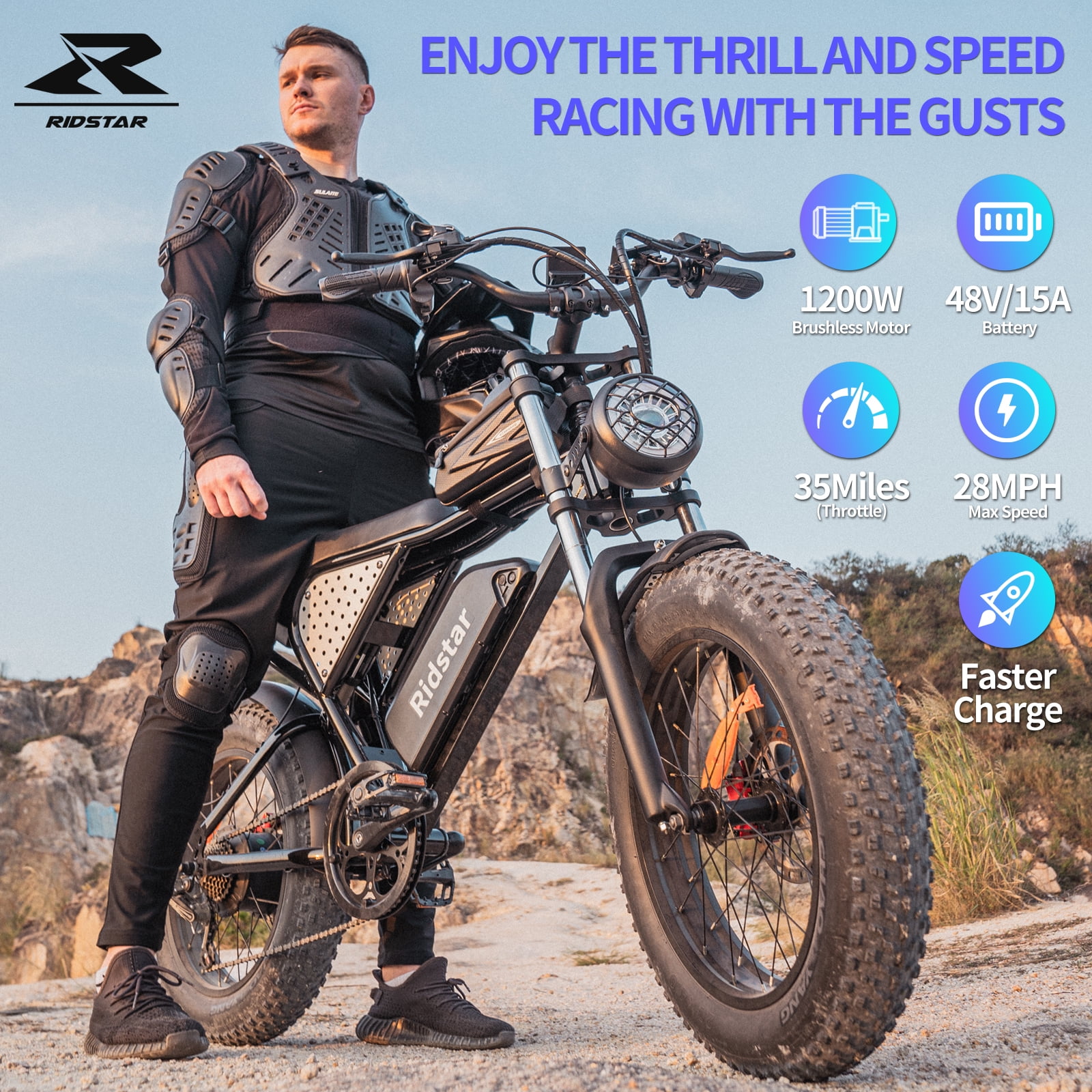 Ridstar 30MPH off-Road Electric Bicycle for Adults,1200W 48V 15Ah Removable Battery 20" Fat Tire Motorcycle,Shimano 7-Speed Full Suspension Mountain Electric Bike UL2849