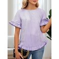 thumbnail image 4 of Women'S Round Neck Half-Sleeve Striped Loose Casual Shirt Ruffled Tops Purple Stripes S, 4 of 7