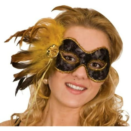 Gold & Black Lace Venetian Mask w/Feather Adult Costume Accessory