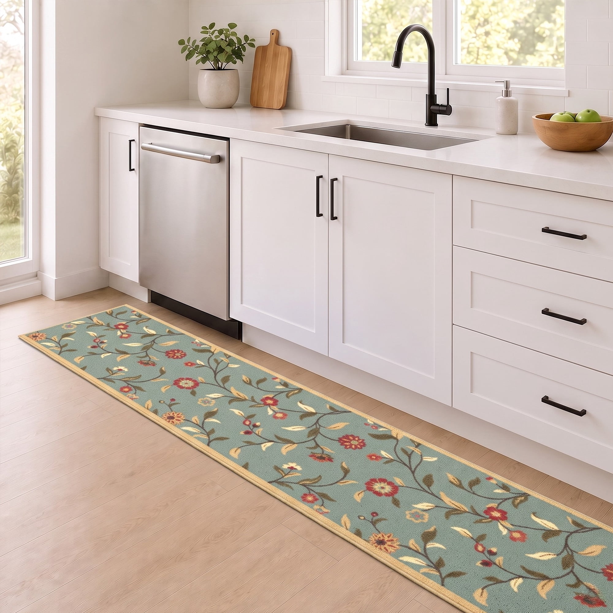 Ottomanson Extra Long Runner Rug 1'10.5" x 47' – Non-Slip Low Pile Hallway Carpet, Floral Seafoam Green