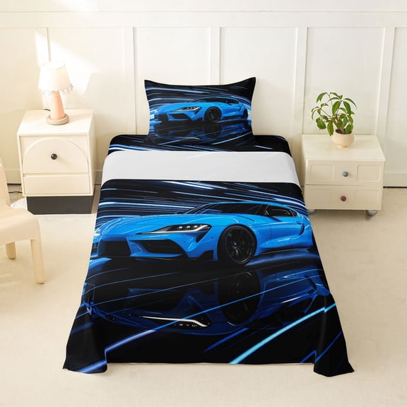 Castle Fairy Neon Sports Car Twin Sheet Sets 3pcs for Teens, Light Trail Race Bedding for Teen Bedroom, Blue Black
