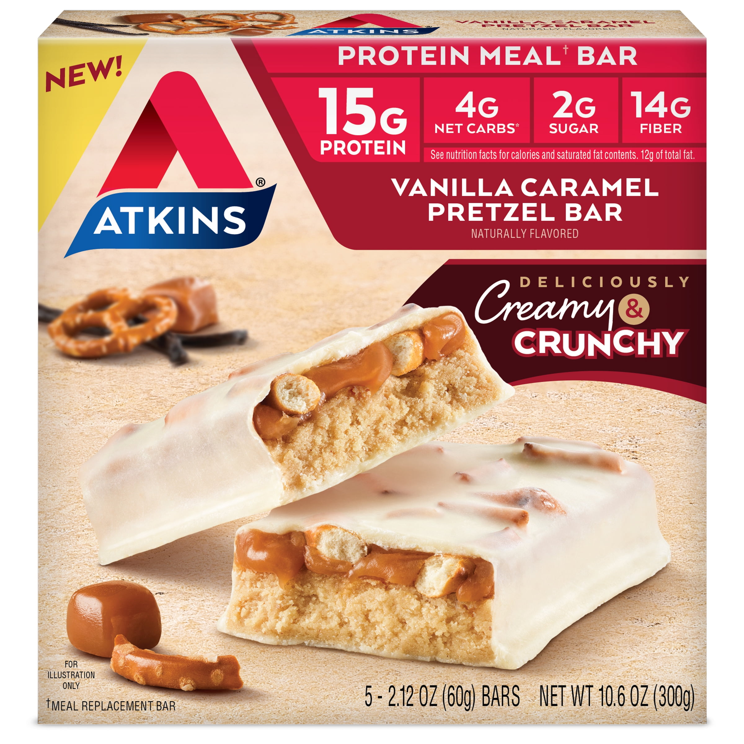 Atkins Vanilla Caramel Pretzel Bar, 2.12 oz, 5 count