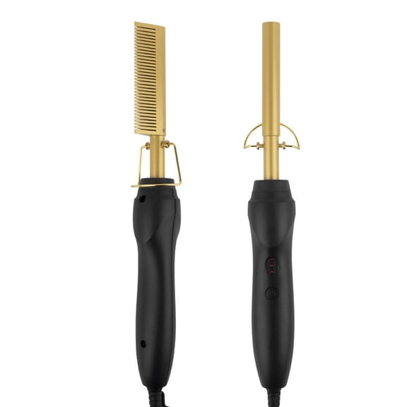 Professional Hot Comb Hair Straightener,Electric Pressing Comb with Gold-Plated Teeth,Black and Gold