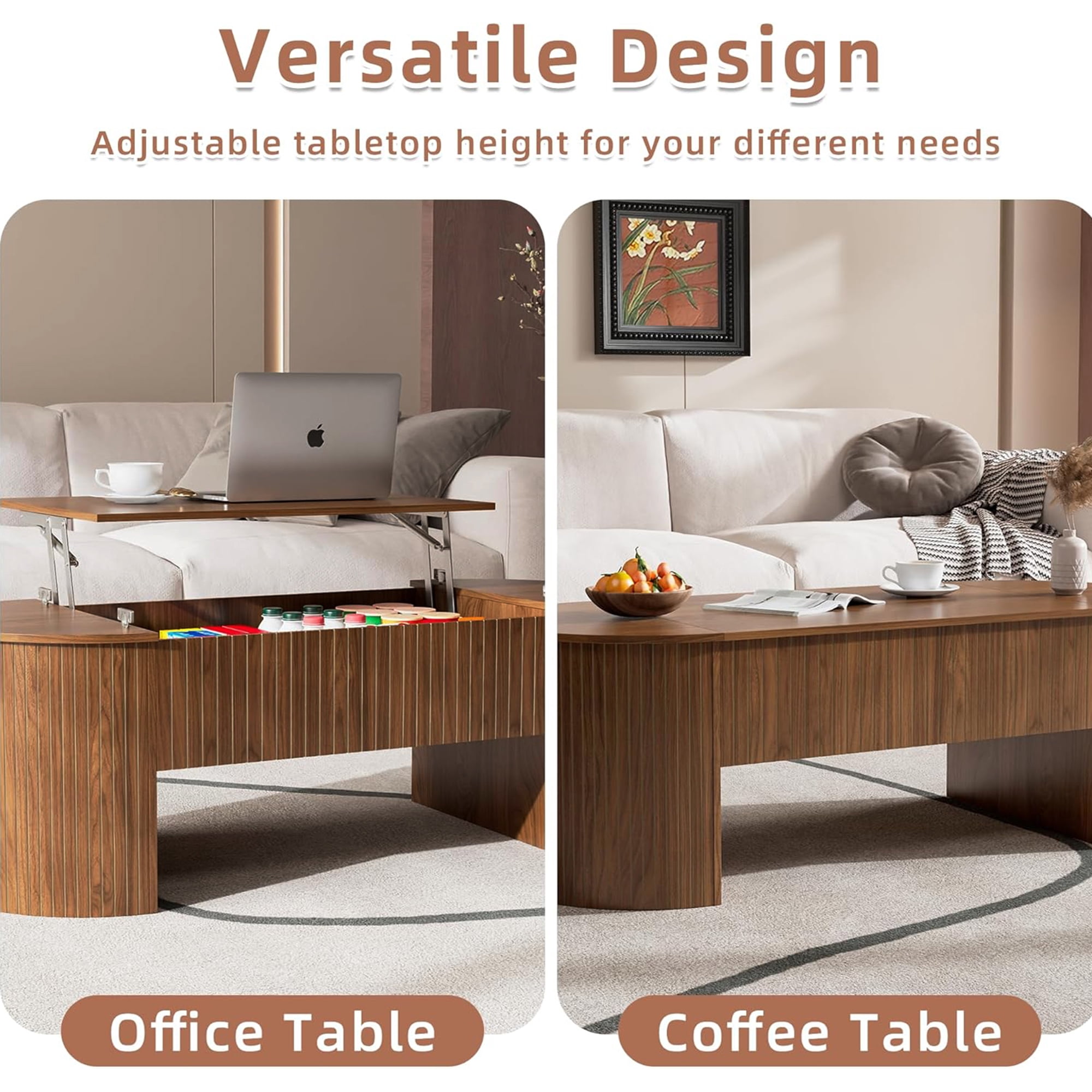Lift Top Coffee Table with Storage, Oval Center Table with Hidden Compartment, Modern Coffee Table for Living Room, Walnut