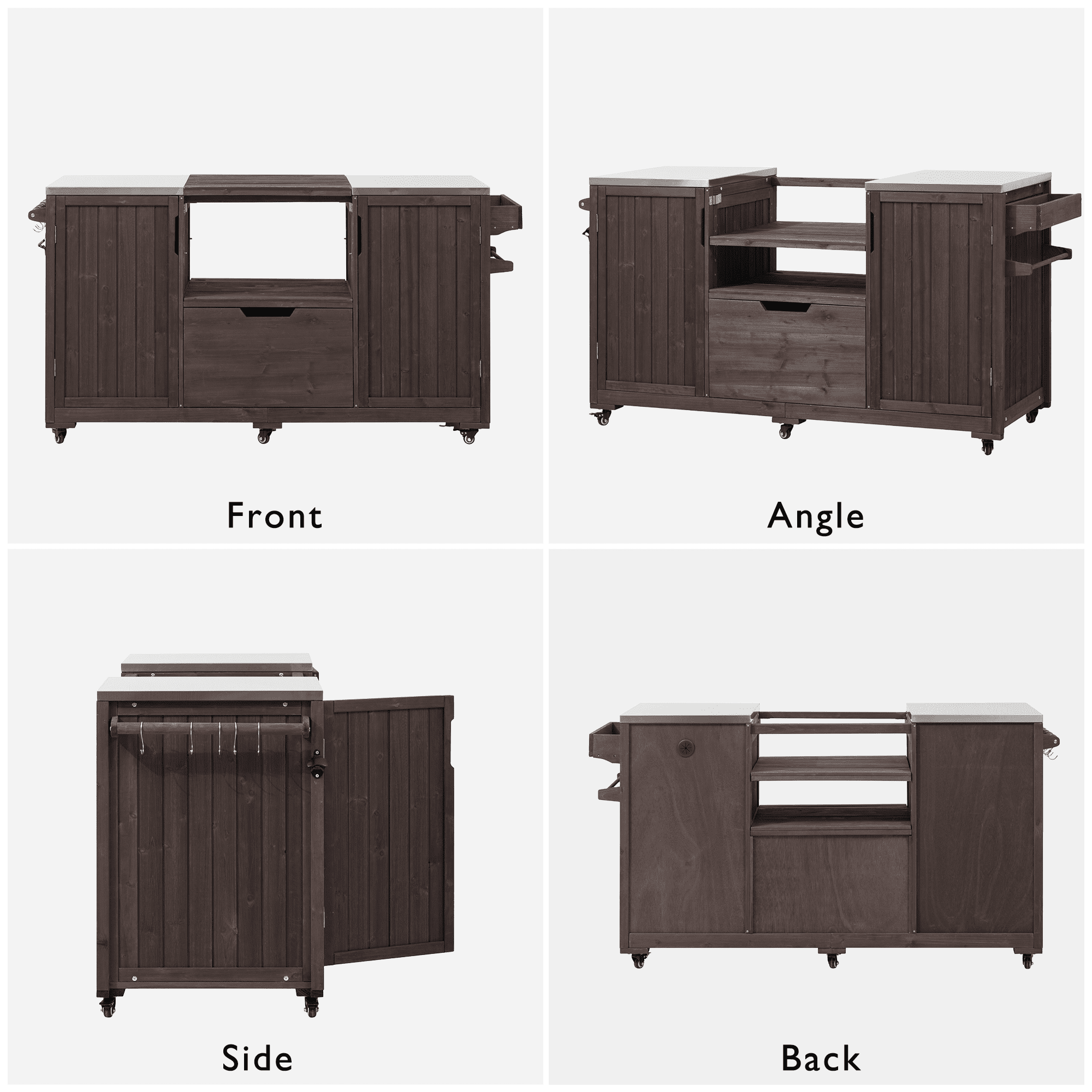 Aukfa 66.5" Outdoor Kitchen Island with Stainless Steel Top, Solid Wood BBQ Grill Cart for Big Green Egg,Dark Brown