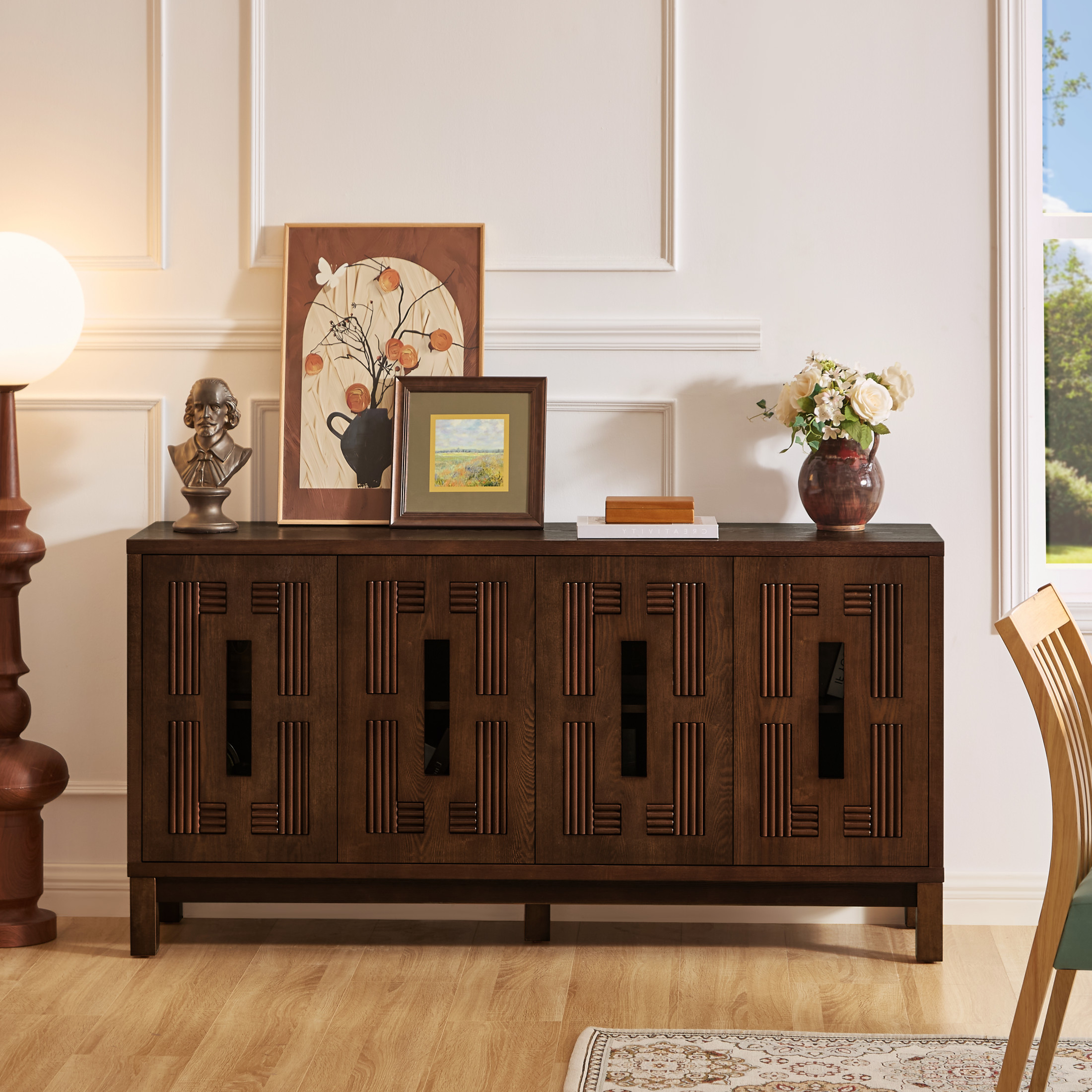 GDF Studio 60.7" Mid Century Modern Sideboard Cabinet with Doors, Adjustable Shelves, Carved Openwork, Walnut