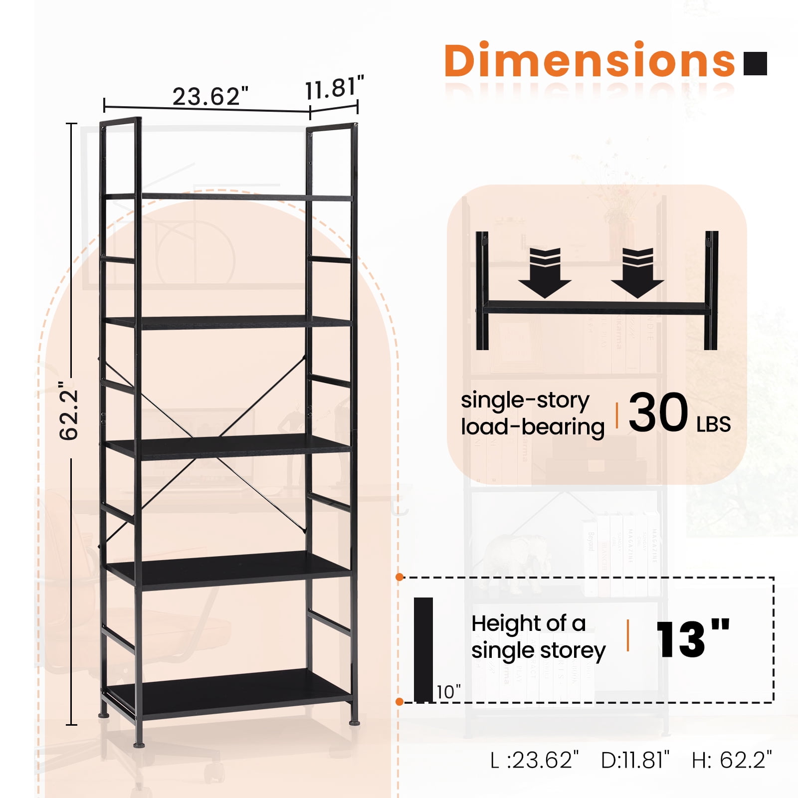 Aukfa 5 Tier Bookcase, Tall Bookshelf Storage Organizer for Home Office, Wood & Metal, Brown