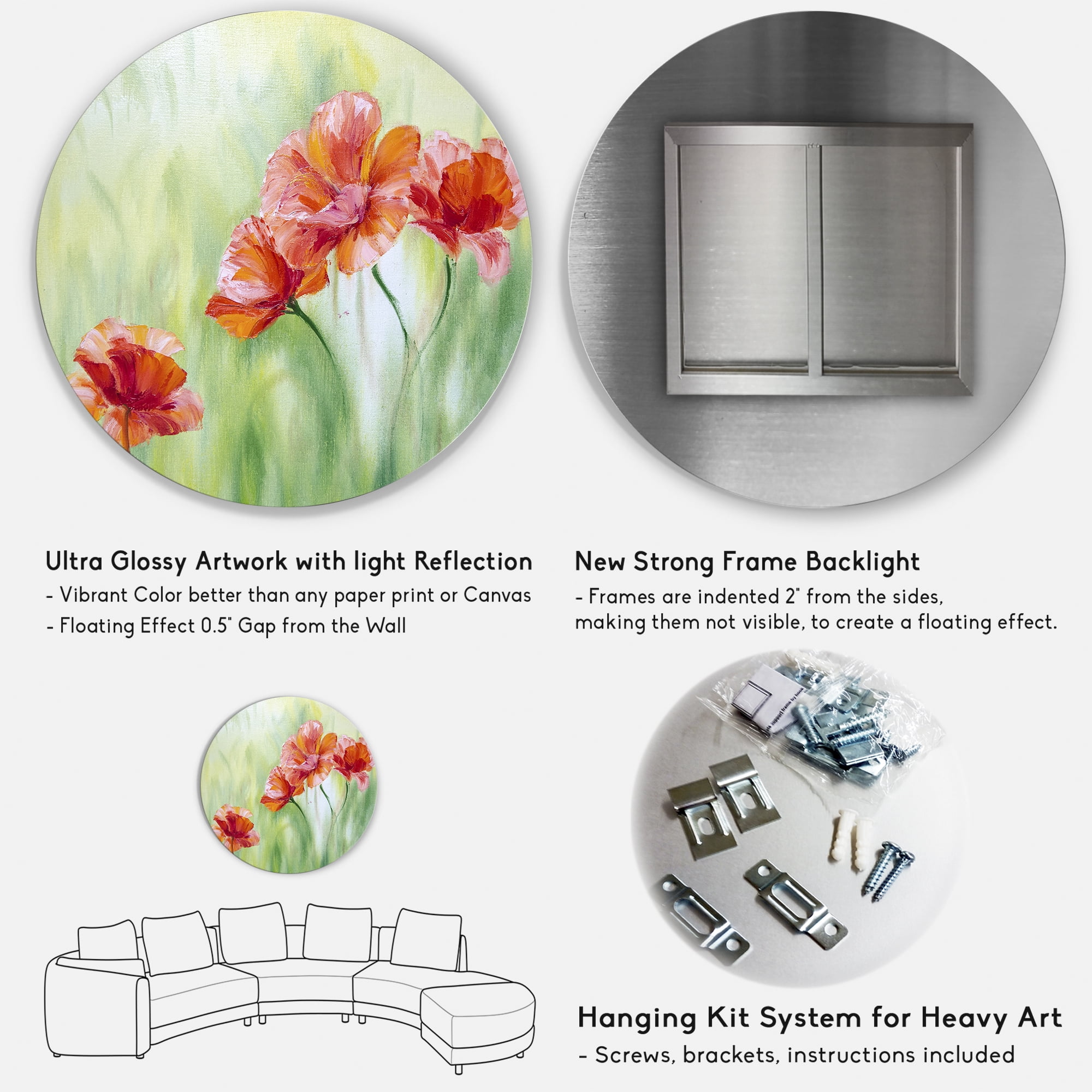 Designart 'Red Blossoming Poppies Over Wild Green I' Traditional Circle Metal Wall Art 29x29 - Disc of 29