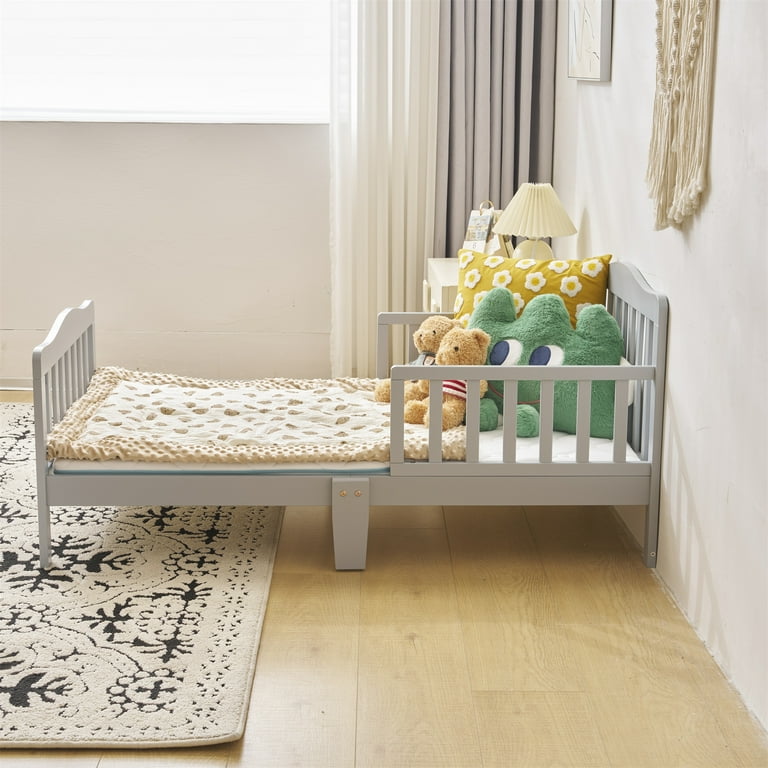 Ktaxon Toddler Bed, Solid Wood Frame, Safety Guardrails, Gray, 53