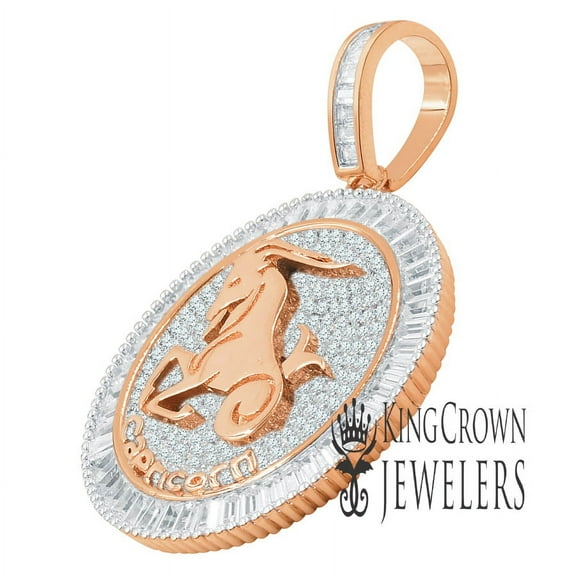 14K Rose Gold Finish Capricorn Horse Zodiac Sign Astrology Horoscope Charm Baguette/Round Cut Lab Diamond Pendant