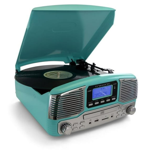 Trexonic Rétro Sans Fil Bluetooth&44; Record & Lecteur CD en Turquoise