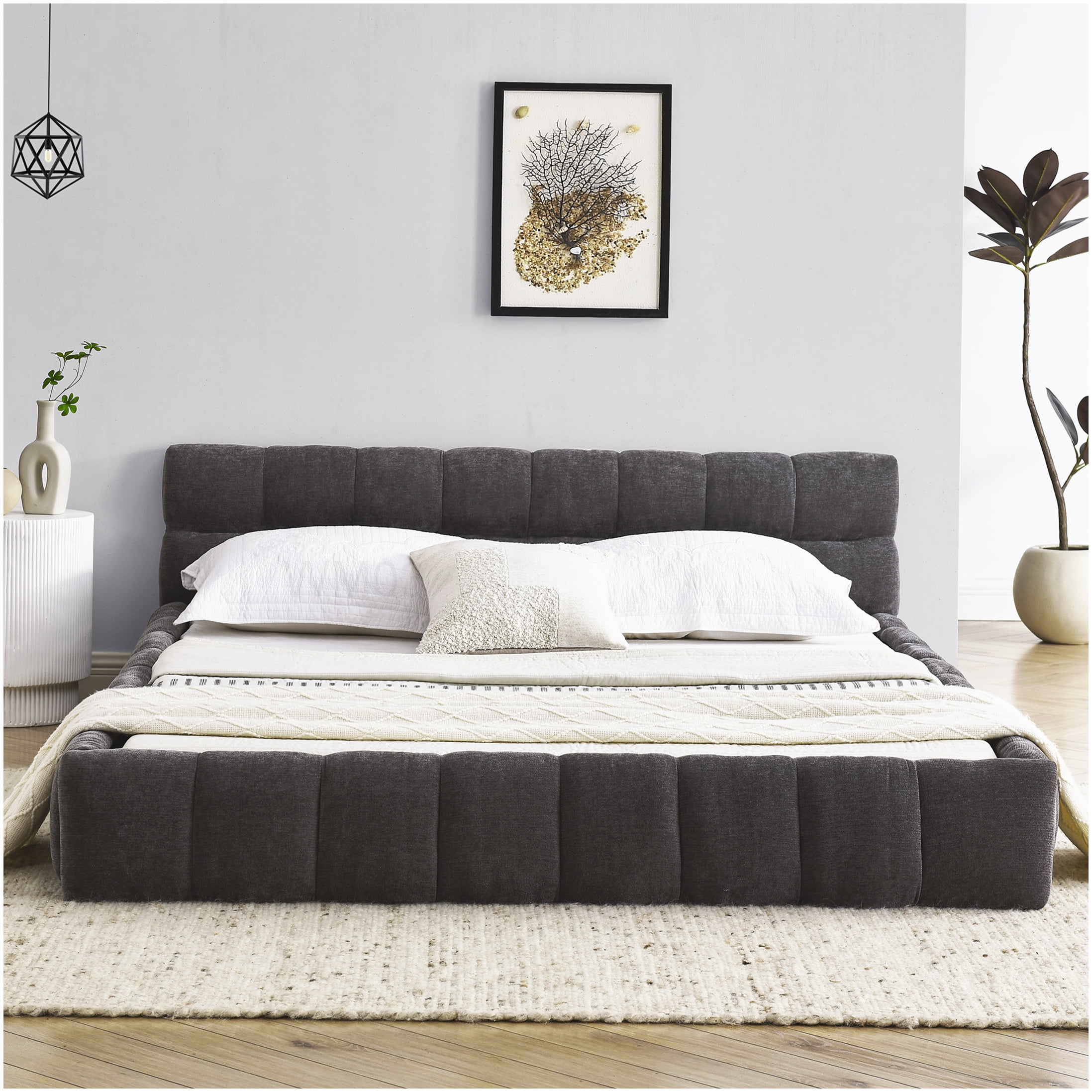 Modern Upholstered Queen Bed Frame with Headboard, Dark Grey Chenille Fabric, Sturdy Platform Base, No Box Spring Needed