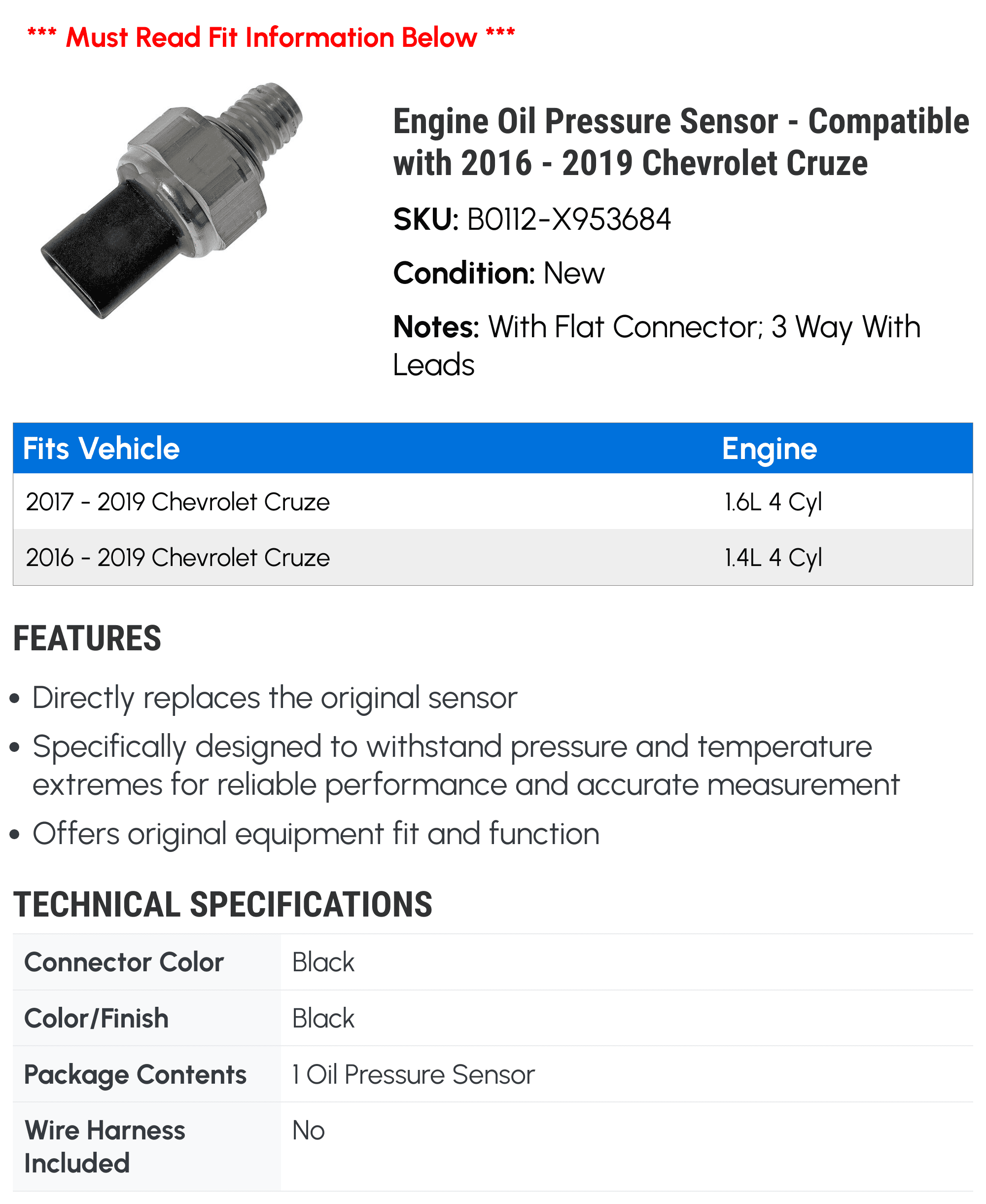 Engine Oil Pressure Sensor - Compatible with 2016 - 2019 Chevrolet Cruze - Dorman
