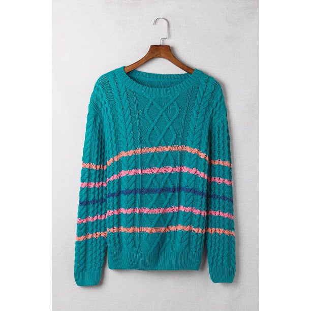 ABPHQTO Suéter de mujer de punto con textura de bloque de color de rayas verdes