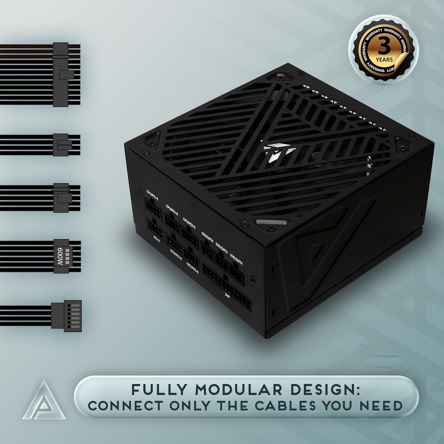 Apevia ATX-SL850W Soul 850W ATX 3.0 & 3.1 Compatible, Fully Modular, PCIe 5.1 12V-2x6 Connector ATX Active PFC, DC to DC Converter Design, 140mm Silent Fan, RoHS Compliance, Gaming Power Supply
