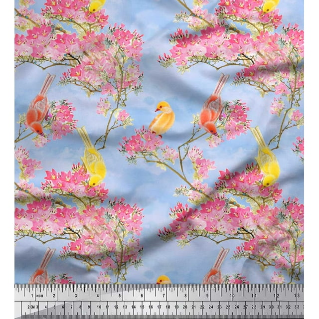 Soimoi Blue Georgette Viscose Fabric Floral & Pigeon Bird Decor Fabric Printed BTY 44 Inch Wide