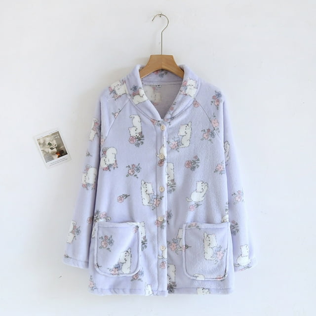 Pijama de manga larga para mujer, de franela, con estampado de manga larga, térmico, con bolsillo, de poliéster