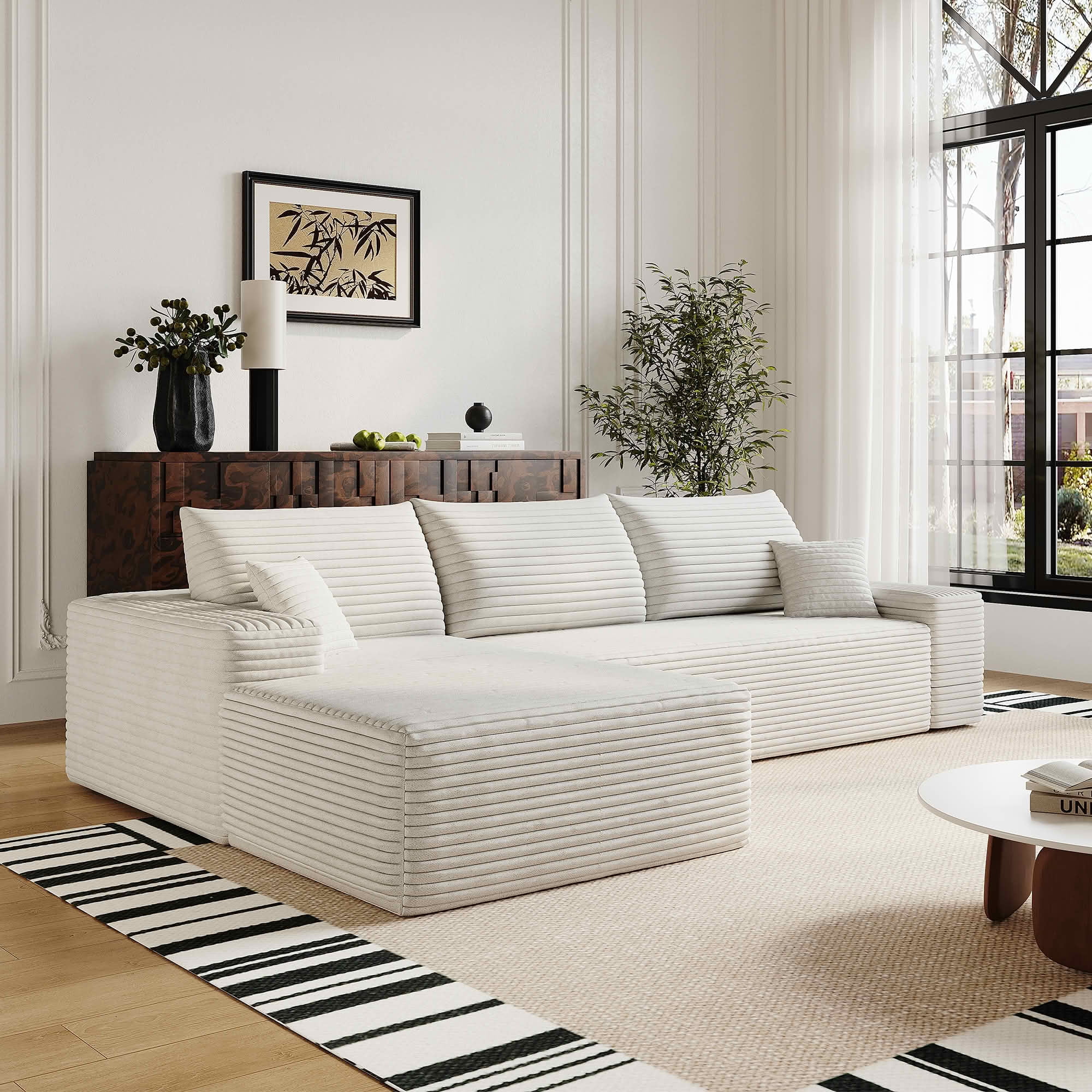 MAYEERTY 107" Cloud L-Shaped Modular Sectional Sofa with Left Facing Chaise, Plush Corduroy Deep Seat 3-Seater Couch, Cloud Sofa for Living Room, Apartment & Bedroom, No Assembly Required, White