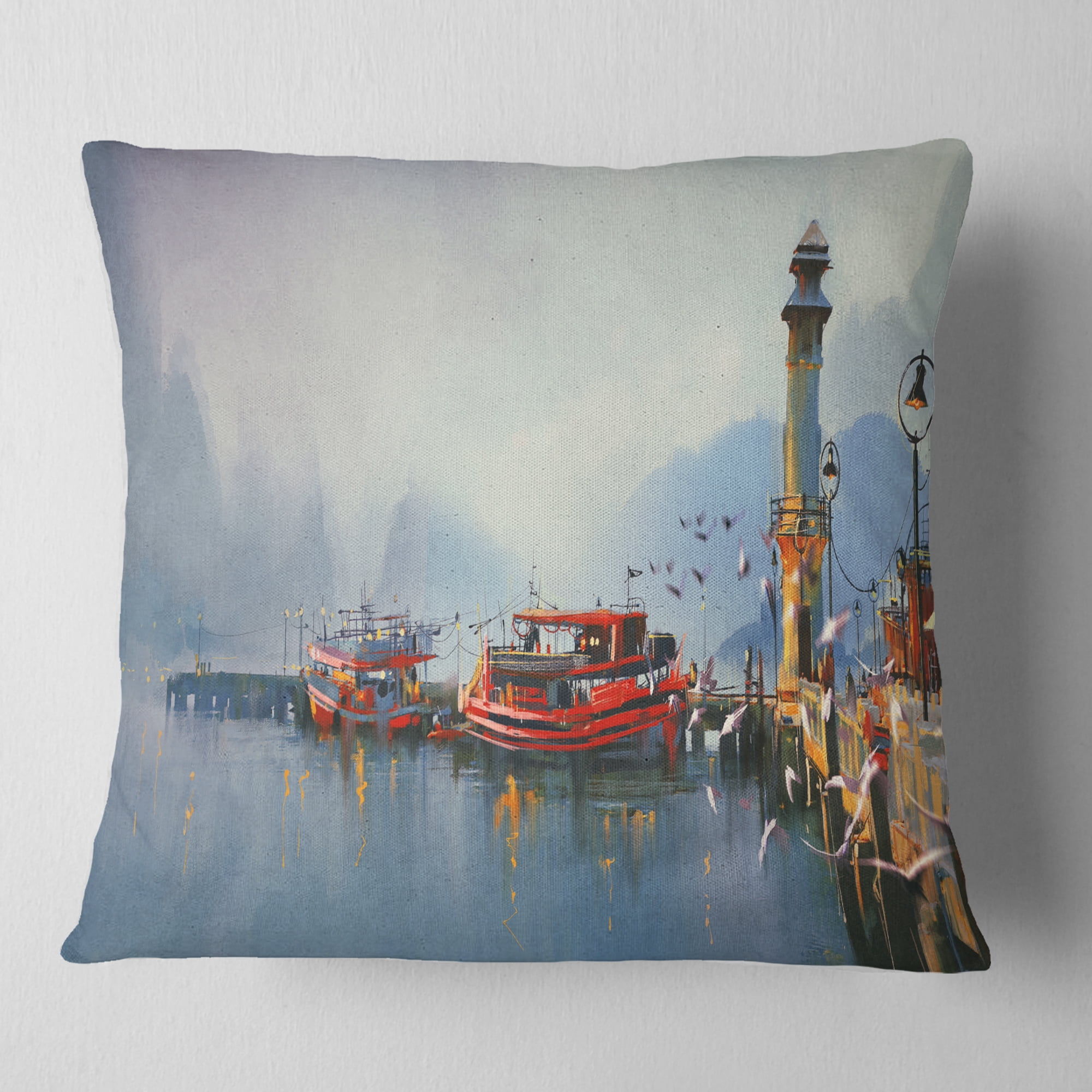 Designart Fishing Boats in Harbor - Landscape Painting Throw Pillow - 18x18