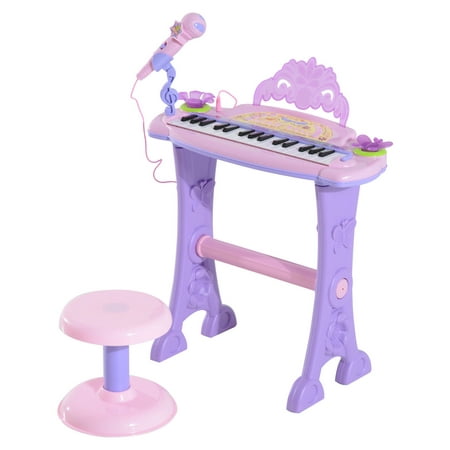 Qaba Kids 32 Key Butterfly Garden Toy Electronic Piano Keyboard with Stool and Microphone - Pink /