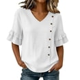thumbnail image 3 of Ashirexll Short Sleeve Shirts for Women Summer Solid Color V-Neck Three Quarter Pleated Sleeve Button Down Slit Top T-Shirt, 3 of 7
