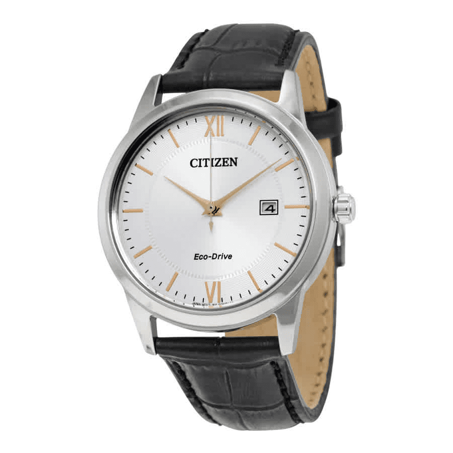 あちゃ Citizen Men's Eco-Drive Wrist Watch, Silver Dial, Black Leather