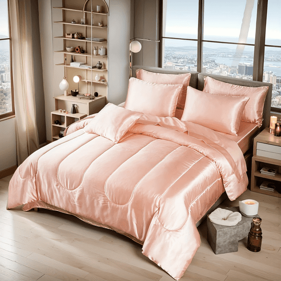 Silky Soft Satin Comforter 3 Pieces, Lightweight Breathable Microfiber Pink Queen Comforter Set for Spring & All Seasons, Cooling Satin Comforter for Hair and Skin, Satin Pillowcases Set of 2