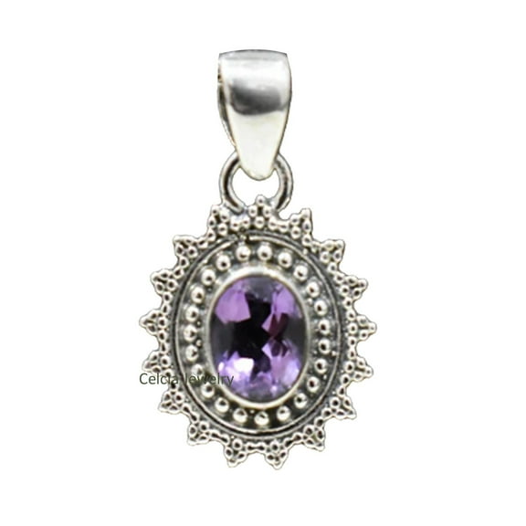 Solid 925 Sterling Silver Pendant For Women Men, Genuine Purple Amethyst Oval Gemstone Unique Handcrafted February Birthstone Pendant
