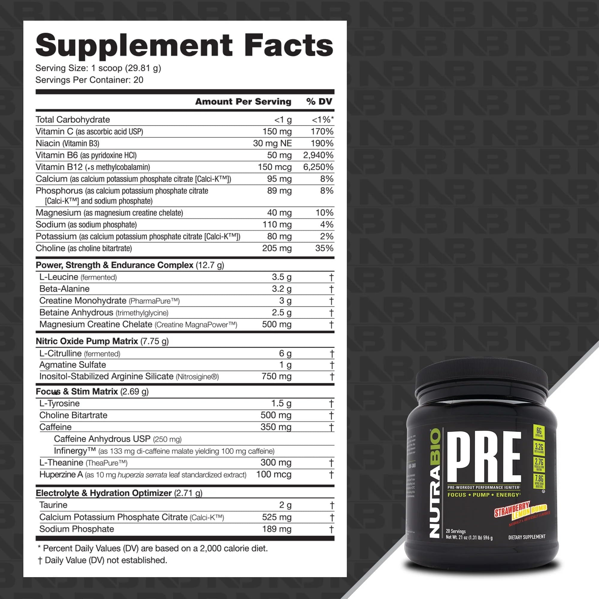 NutraBio PRE Workout Powder - Old Formula- Sustained Energy, Mental Focus, Endurance - Beta Alanine, Creatine, Caffeine, Electrolytes - 20 Servings - Strawberry Lemon Bomb
