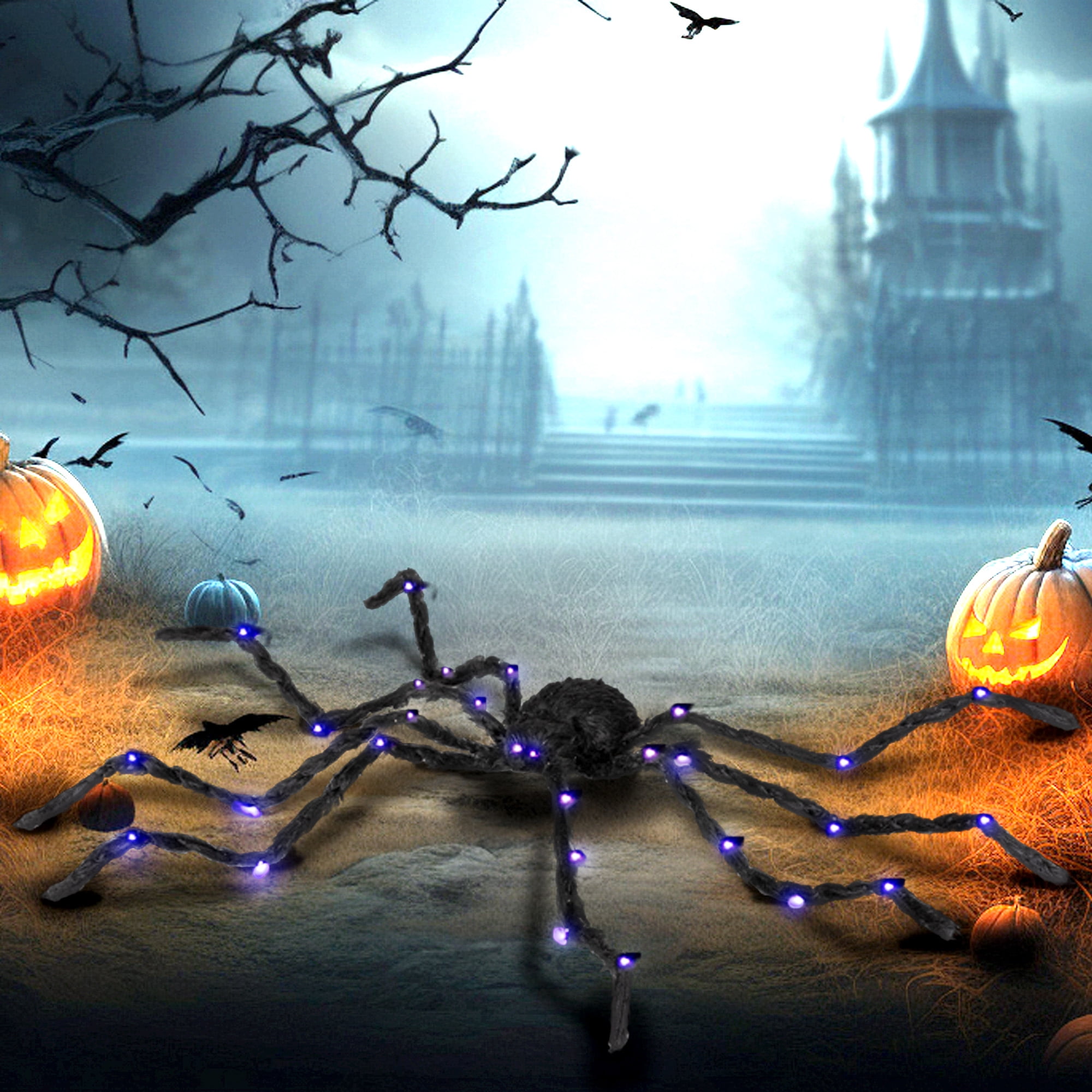 Light-Up Oversized Spider Halloween Decoration 47.2 Inch Purple Glowing Bendable Legs Battery-Operated for Haunted House