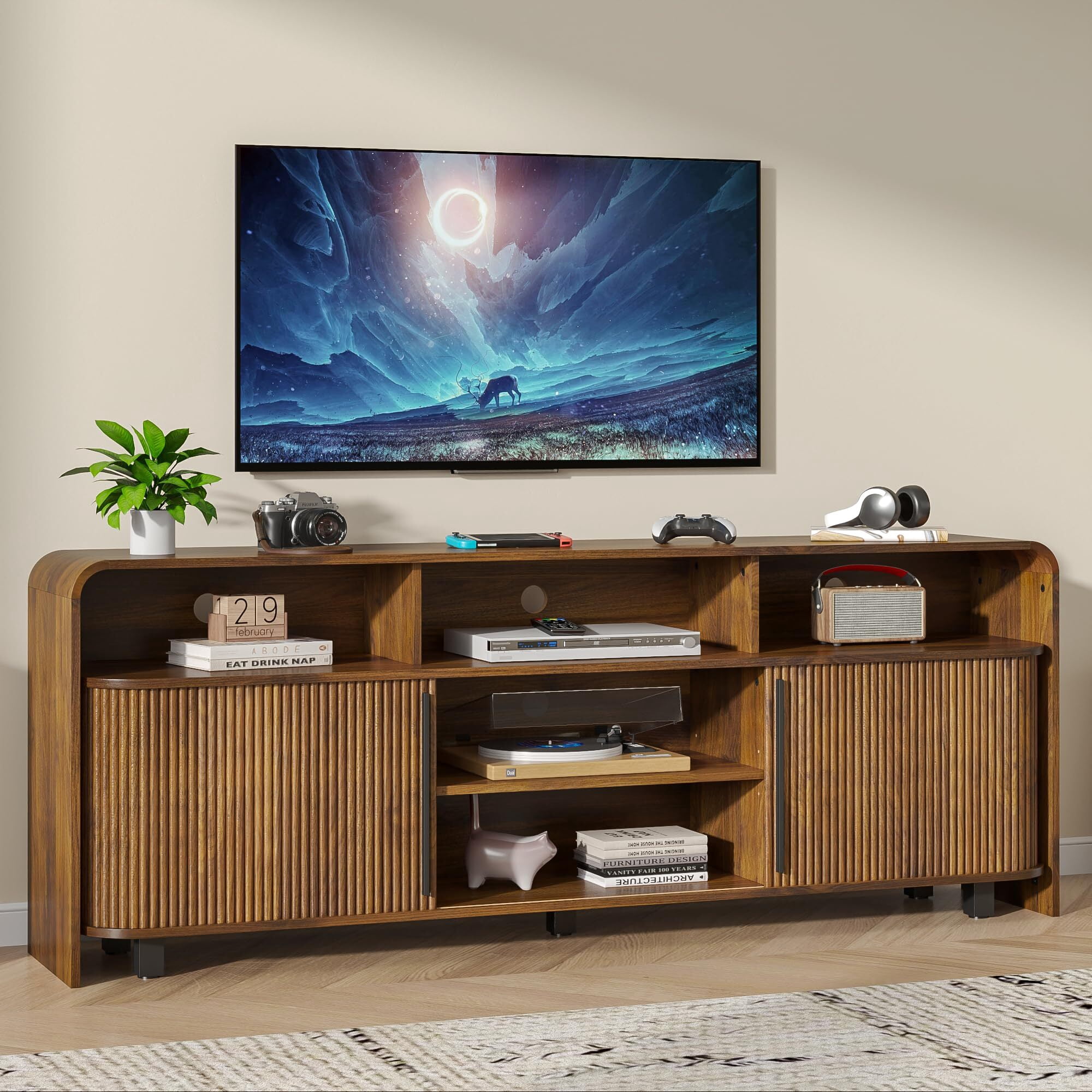 Fluted TV Stand for 65-80" TV, 70" Mid Century Modern Console, Large Walnut Entertainment Center with Storage, Sliding Doors