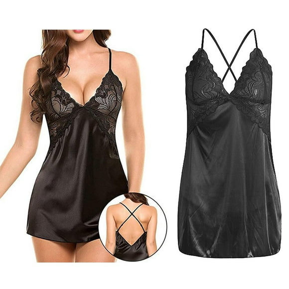 Lencería Para Mujer Ropa de Dormir con Tiras de Encaje Conjunto con Espalda en Camisón - XL negro Salvador Liberias de peluche para mujeres