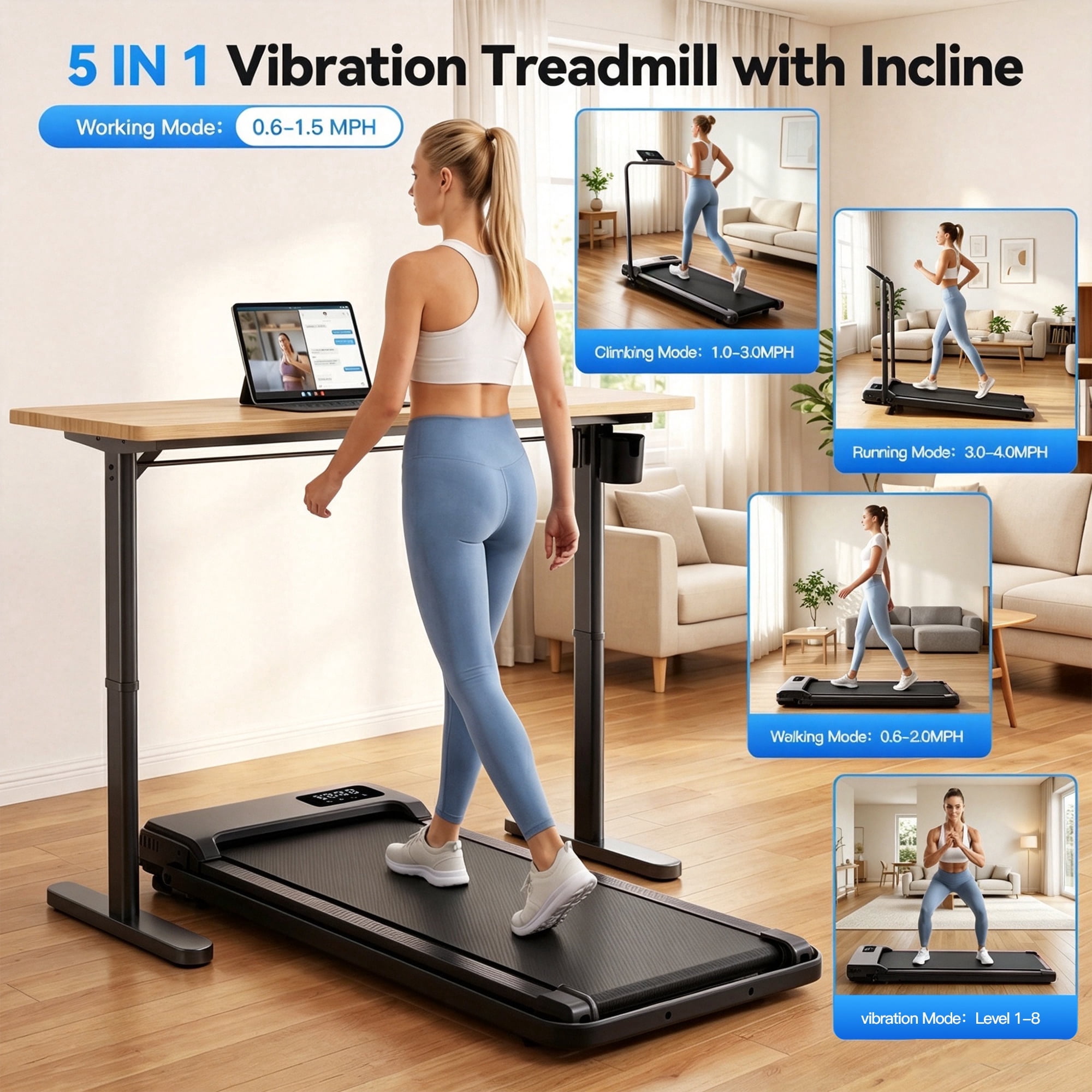 3-in-1 Walking Pad with 8% Incline & Vibration, 2.5HP Under Desk Treadmill for Home Office, 300 lbs Capacity Portable Treadmill with Handlebar, Installation-Free & Space-Saving