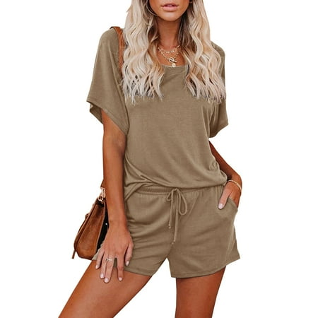 

Women s 2 Piece Casual Set Pajamas Crew Neck T Shirt Drawstring Shorts Pajama Set
