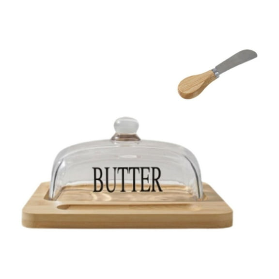 Beige Glass Butter Box With Wooden Tray, Transparent Lid And Built-In Knife, Large Capacity For Cheese Cake, Dessert And Food Storage, 7.72X7.48X3.39In 1.87Lb