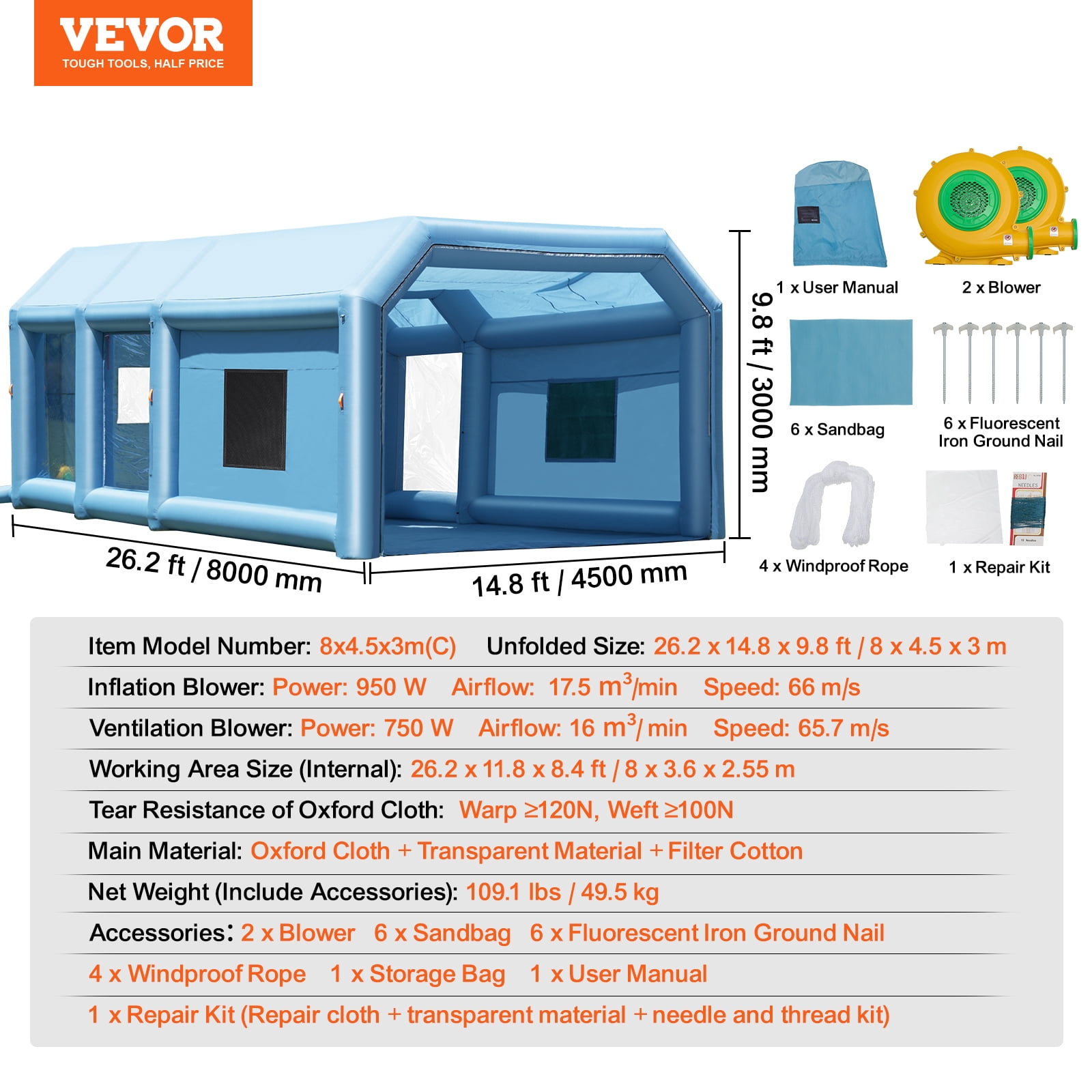VEVOR Inflatable Paint Booth, 26.2 x 14.8 x 9.8 ft Inflatable Spray Booth, Portable Car Paint Booth for Small Truck, with 950W+750W Powerful Blowers and Air Filter System,Large Motorcycle, Midsize SU
