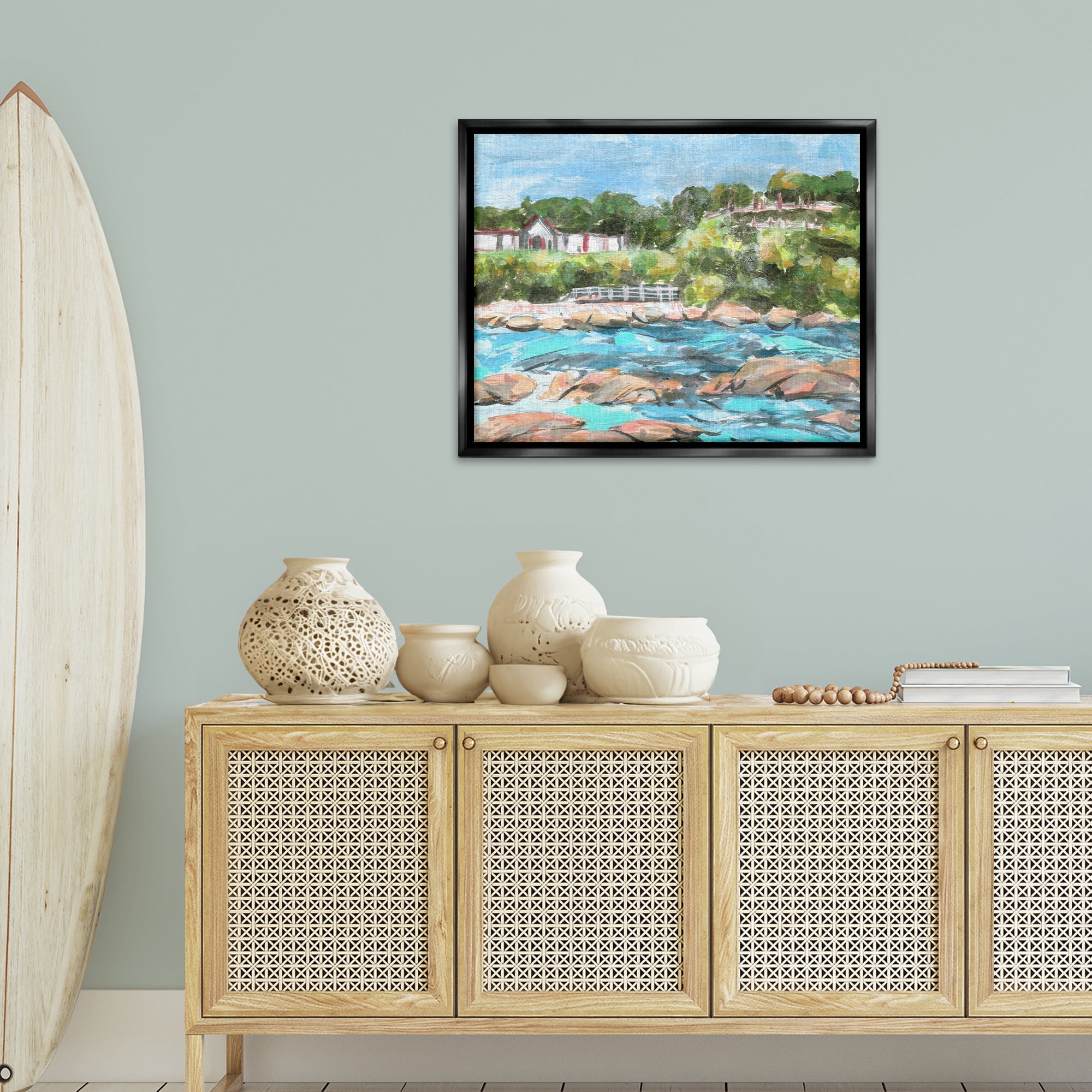 Stupell Industries Rocky Nautical Landscape Landscape Painting Black Floater Framed Canvas Art Print Wall Art, 31 x 25