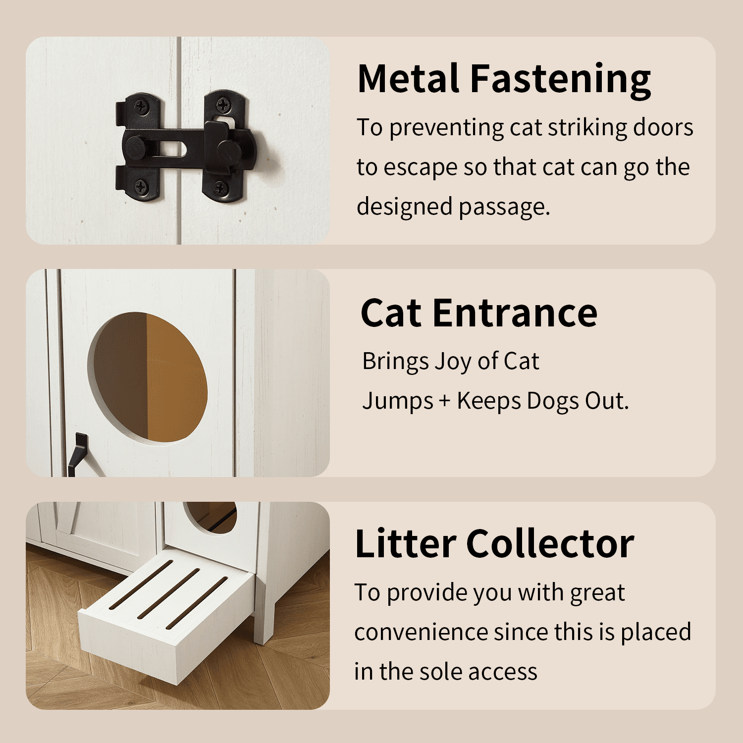 Litter Enclosure with Cat-Exclusive Dog-Proof Entrance, Litter Cabinet with Power Outlet and Litter Collector, for Placing Cat Robot 3/4,Antique White