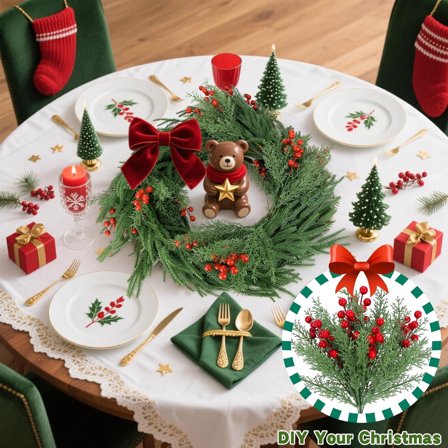Minibee 8 Bundles Fake Pine Branch Christmas Flowers with Berries, Realistic Christmas Flowers Artificial for Holiday Home Styling