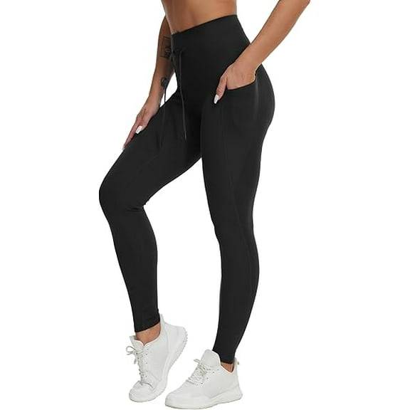 RKXQT Women's High Waist Drawstring Stretchy Workout Leggings Ultra Soft Tummy Control Yoga Pants with Pockets Color: Black