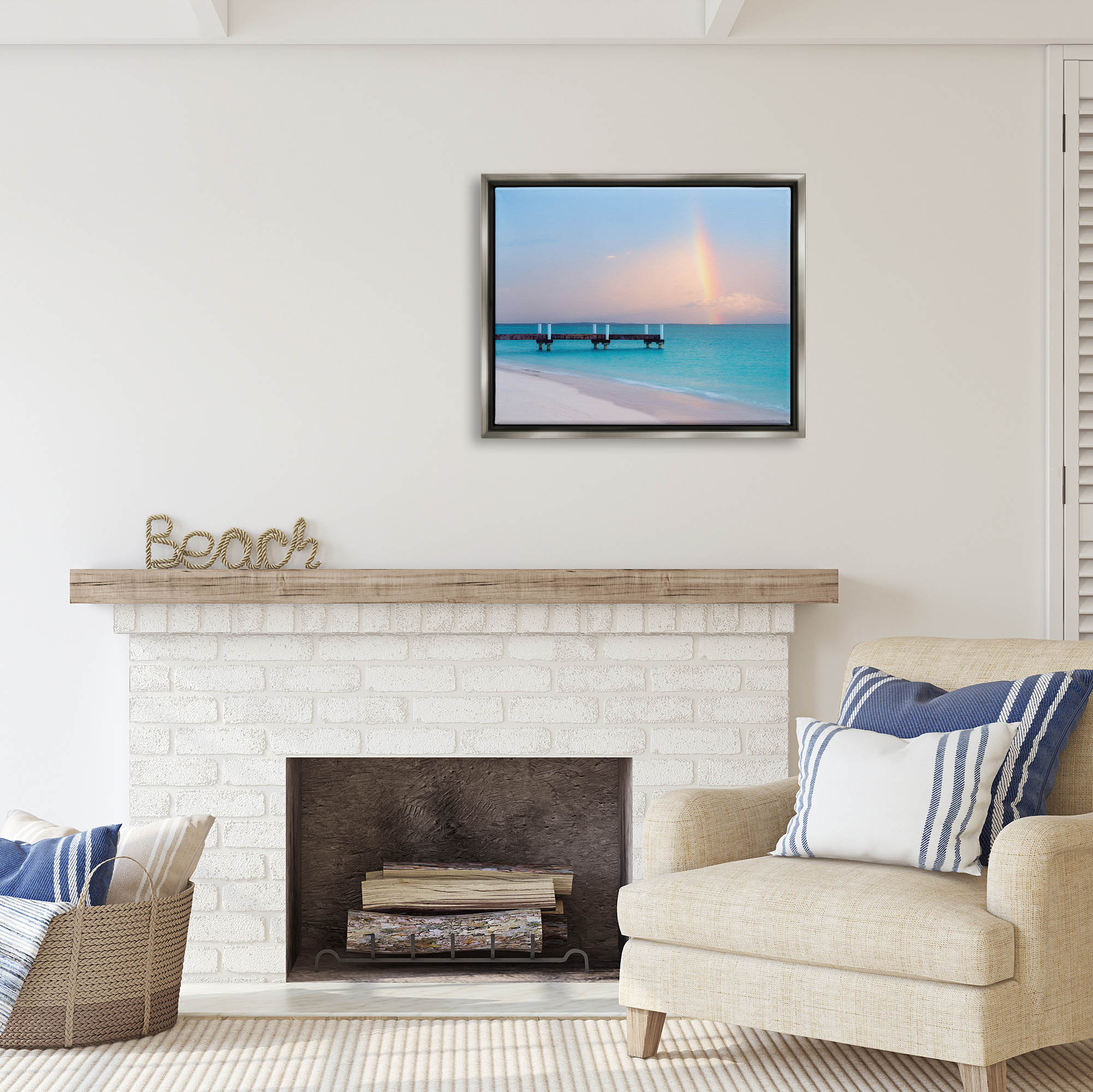 Stupell Industries Calm View Beach Rainbow Coastal Photography Gray Floater Framed Art Print Wall Art