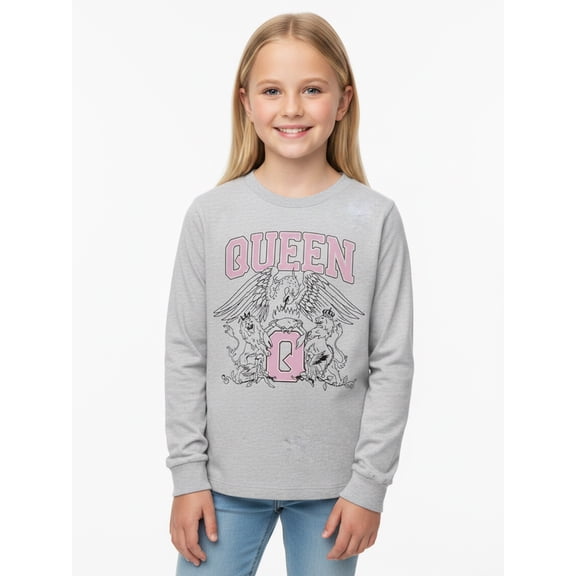 Wonder Nation Girls Graphic Queen Crest Tee with Long Sleeves, Sizes 4–18