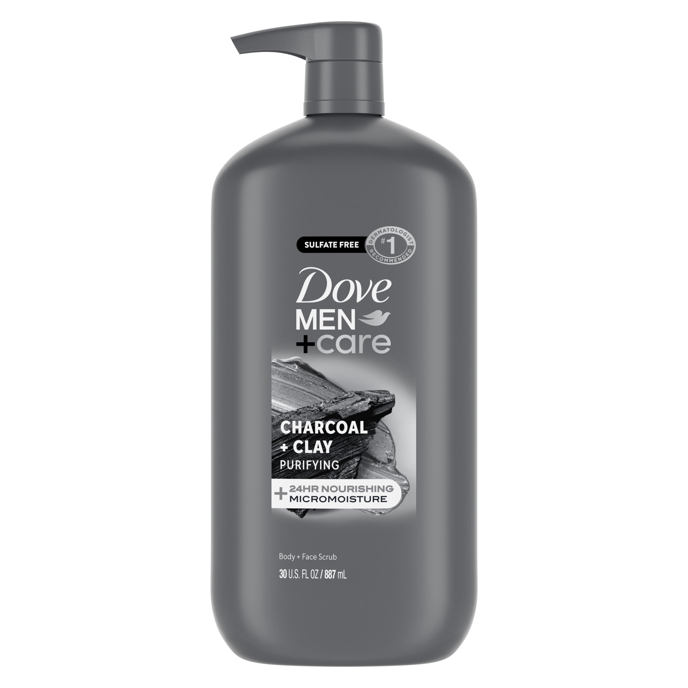 (4 pack) Dove Men+Care Body And Face Scrub Body Wash For Men Charcoal + Clay With 24-Hour Nourishing Micromoisture Technology, 30 fl oz