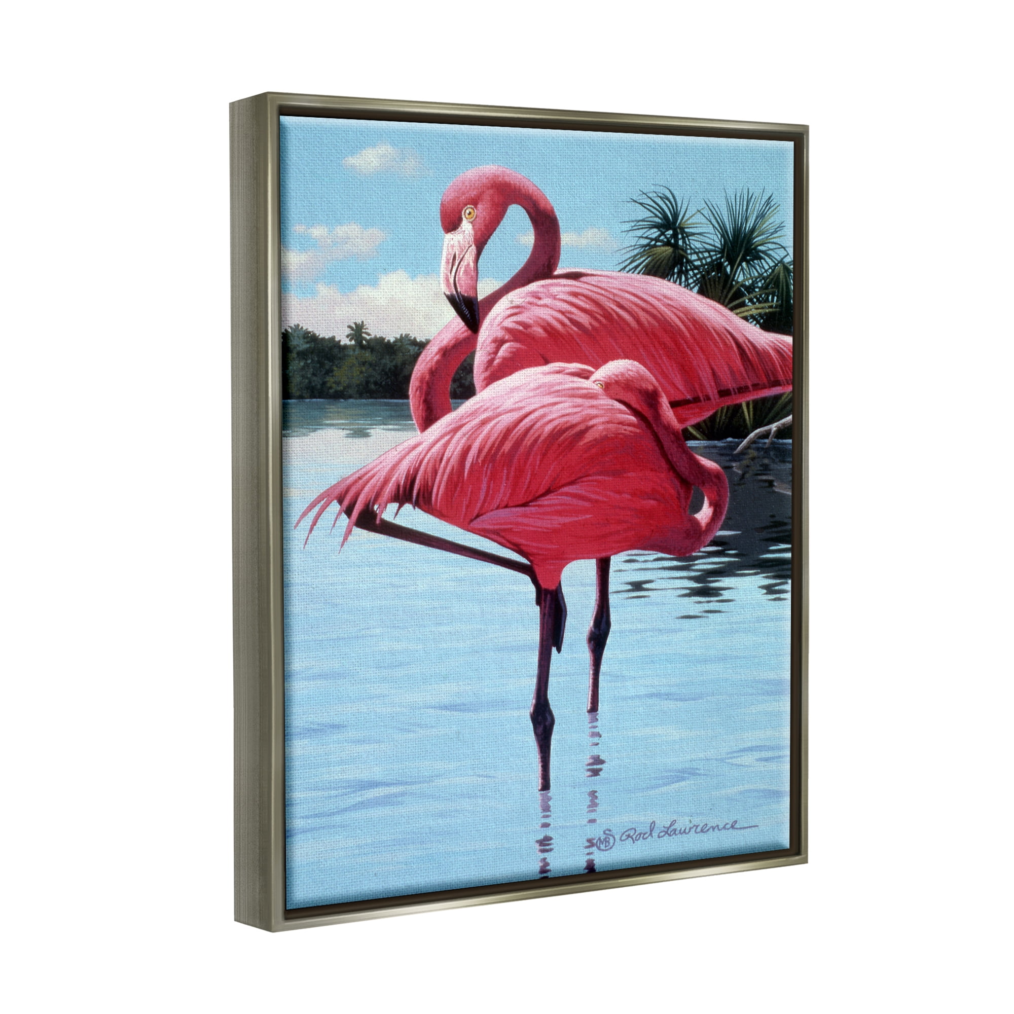 Stupell Industries Flamingos Balancing on Shore Animals & Insects Painting Gray Floater Framed Canvas Art Print Wall Art, 17 x 21