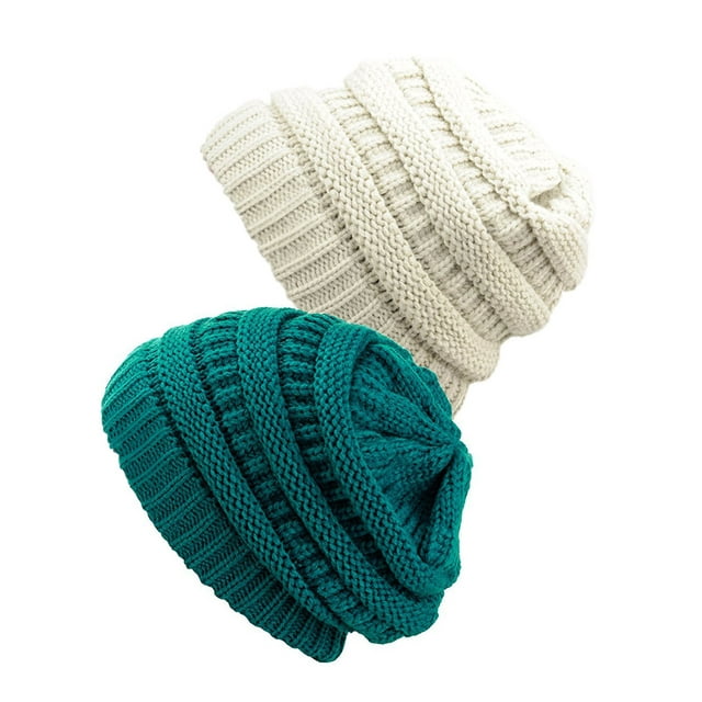 Womens Knit Beanie Cap Hat (2 PACK), Teal/Ivory