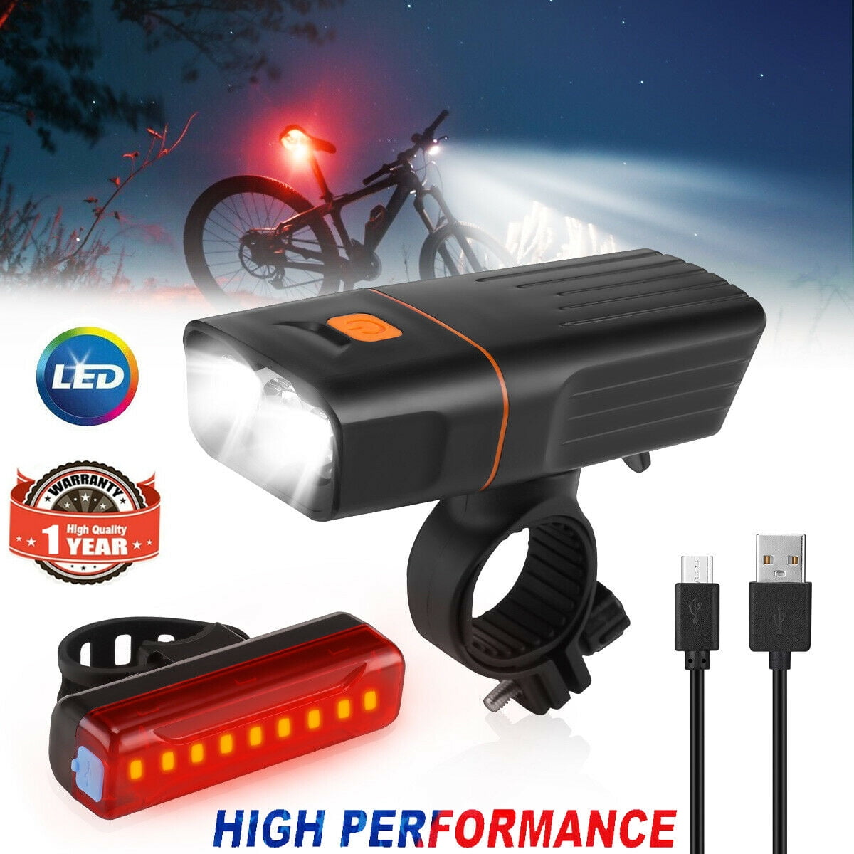 2 PCS//Set USB Rechargeable Bicycle Headlight Front Lamp/&Rear Taillight LED Light