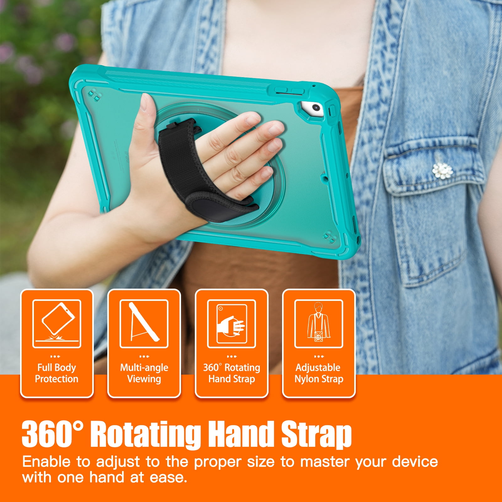 Dteck Case for iPad Air 2/iPad Pro 9.7"/iPad 5th/6th Generation,Military Grade Shockproof Silicone Protective Cover 360° Rotatable Stand- Shoulder Strap- Handle- Pencil Holder,Blue