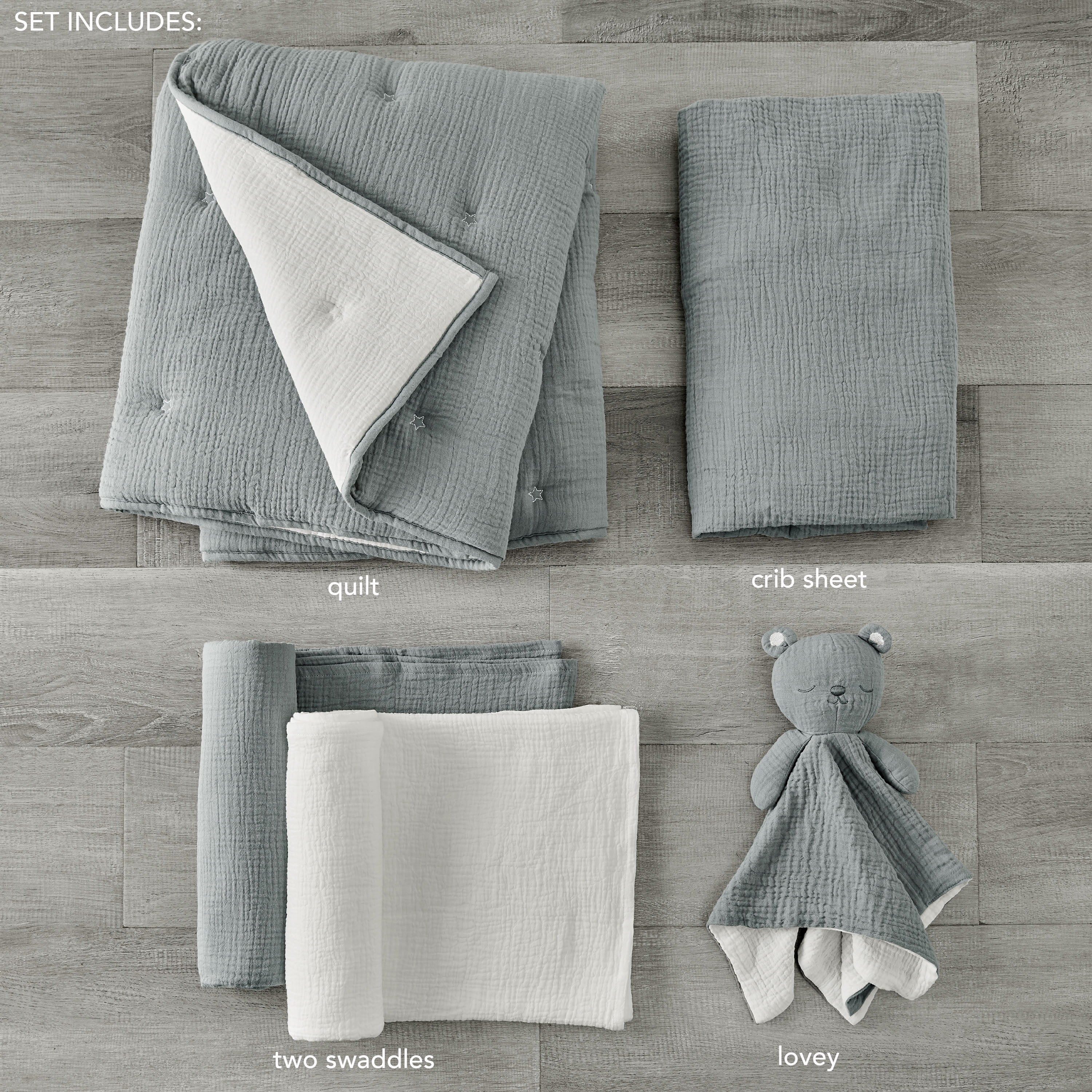 Levtex Baby - Cloud Muslin Crib Bed Set - Baby Nursery Set - Grey and White Stars - Grey Textured Muslin - 5 Piece Set Includes Quilt, Fitted Sheet, Two Swaddles & Bear Lovey
