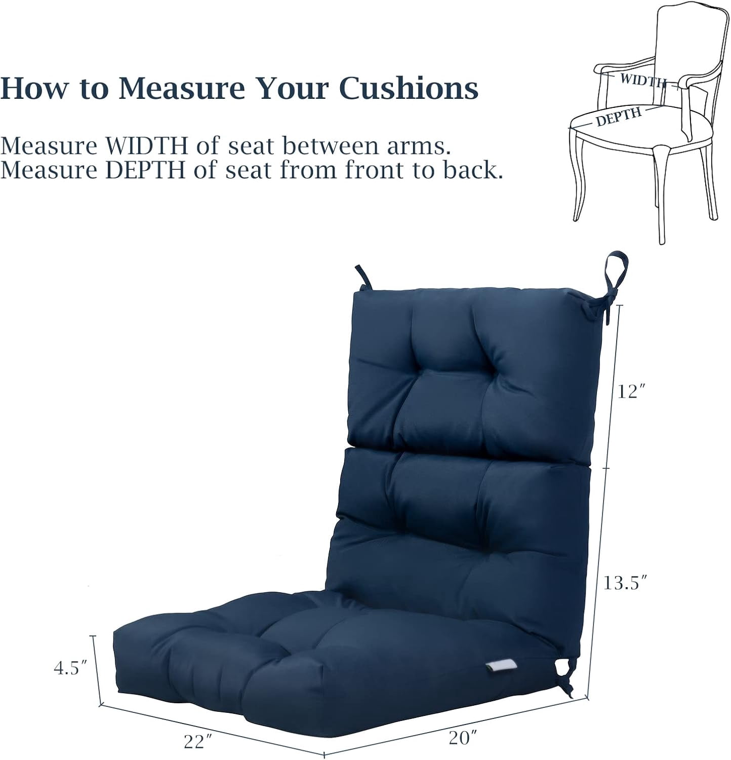 Miemie Outdoor Chair Cushions 45” x 22” x 4.5”, High Back Tufted Seat Cushion with Ties, Waterproof All-Weather Indoor Rocking Chair Replacement Pads, Patio Wicker Furniture Cushions, Navy