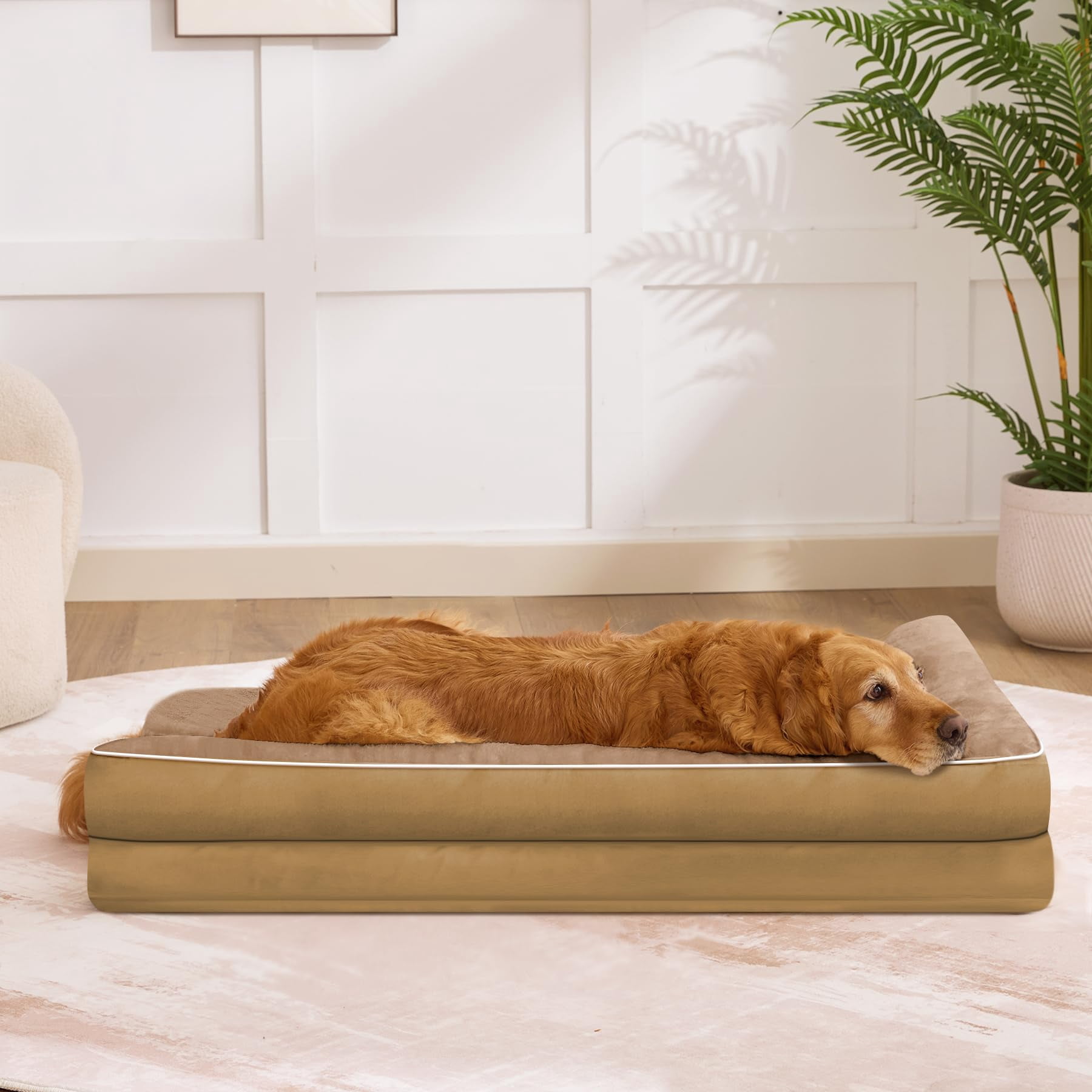Dog Bed Large Sized Dogs  For Waterproof Pet With Washable Removable Cover L-shaped Couch Portable Handle 36"x27"x6.5" Camel